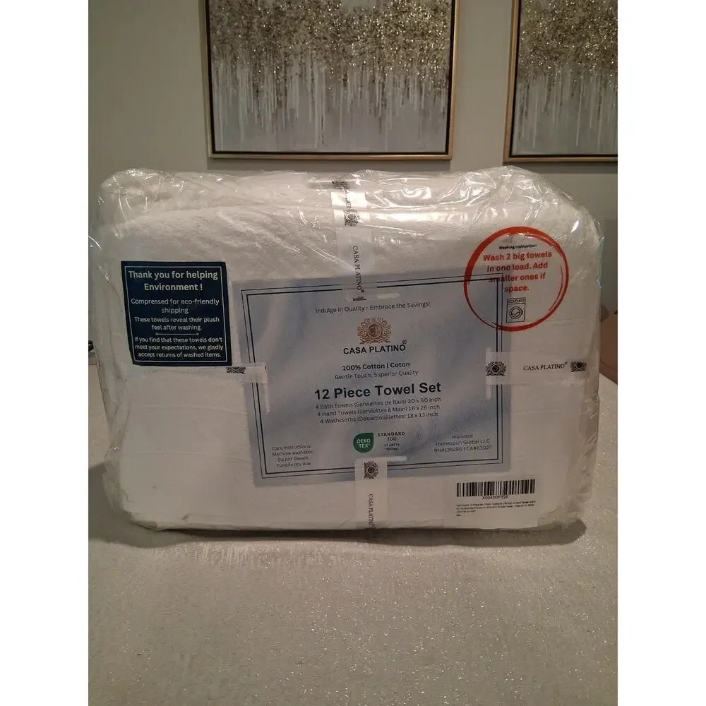 Casa Platino 12 Piece Towel Set 100% Cotton Premium Bathroom Towels White NEW